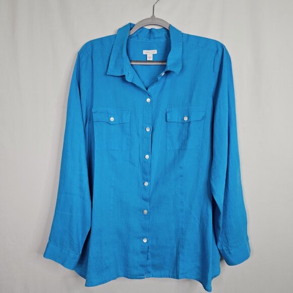 J. JILL LOVE LINEN Button Up Down Shirt Top BLUE size XL Long Sleeve Preppy 100% - Picture 2 of 8